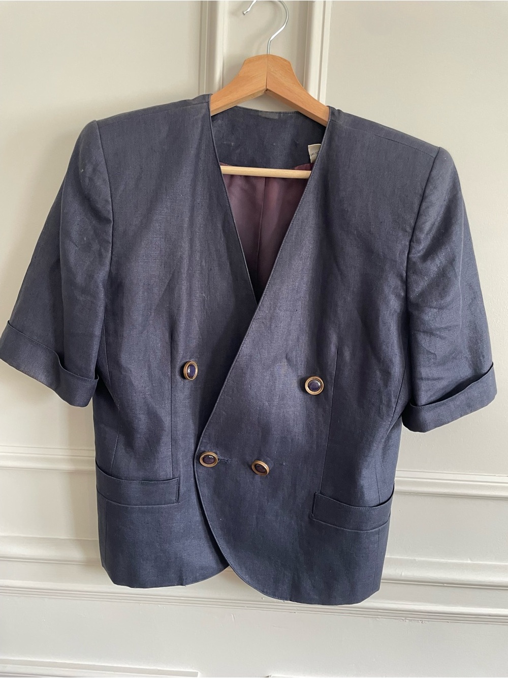 Vintage 100% Linen Blazer Jacket Navy Blue with Shoulder Pads Women’s 8P or S/M